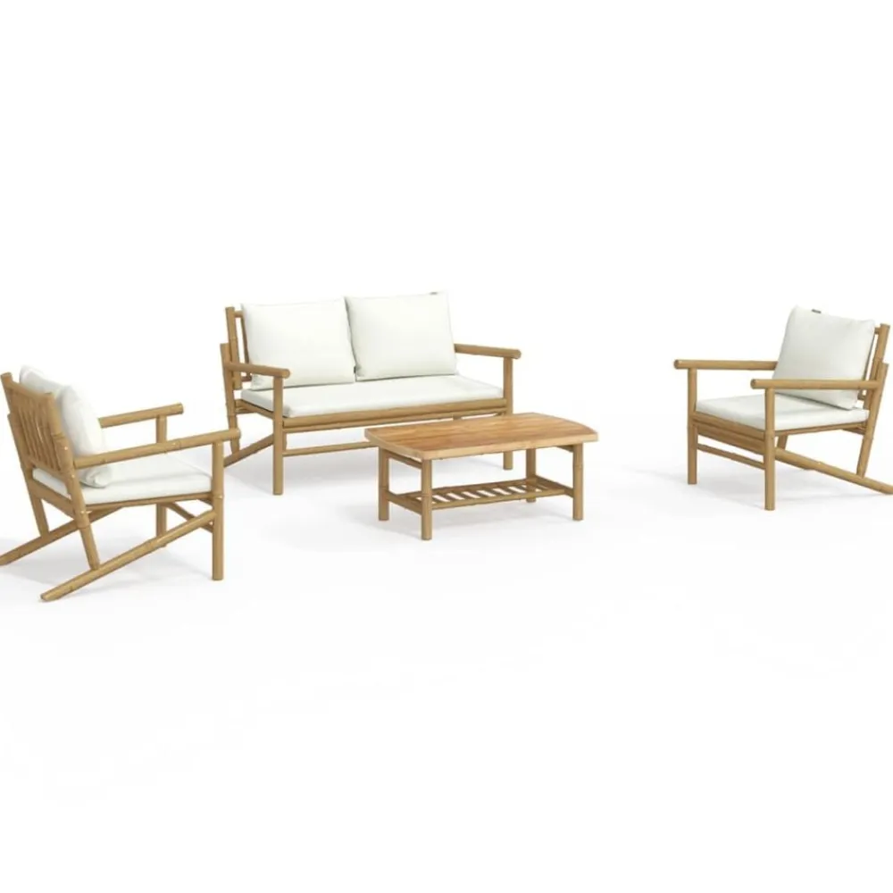 Mobilier De Jardin-vidaXL Salon de jardin 4 pcs avec coussins blanc crème bambou