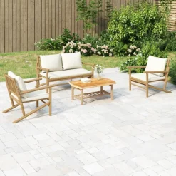 Mobilier De Jardin-vidaXL Salon de jardin 4 pcs avec coussins blanc crème bambou