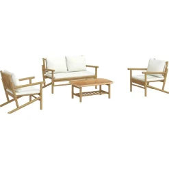 Mobilier De Jardin-vidaXL Salon de jardin 4 pcs avec coussins blanc crème bambou