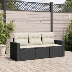 vidaXL Salon de jardin 3 pcs avec coussins noir résine tressée
