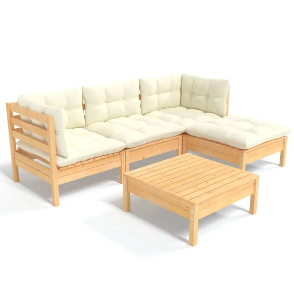 Mobilier De Jardin-vidaXL Salon de jardin 5 pcs avec coussins crème bois de pin Marron et crème