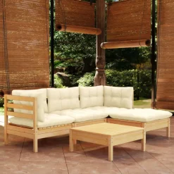 Mobilier De Jardin-vidaXL Salon de jardin 5 pcs avec coussins crème bois de pin Marron et cr&egrave;me
