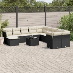 Mobilier De Jardin-vidaXL Salon de jardin 12 pcs avec coussins noir résine tressée Noir et cr&egrave;me