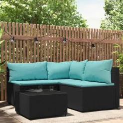 vidaXL Salon de jardin 4 pcs avec coussins Noir Résine tressée