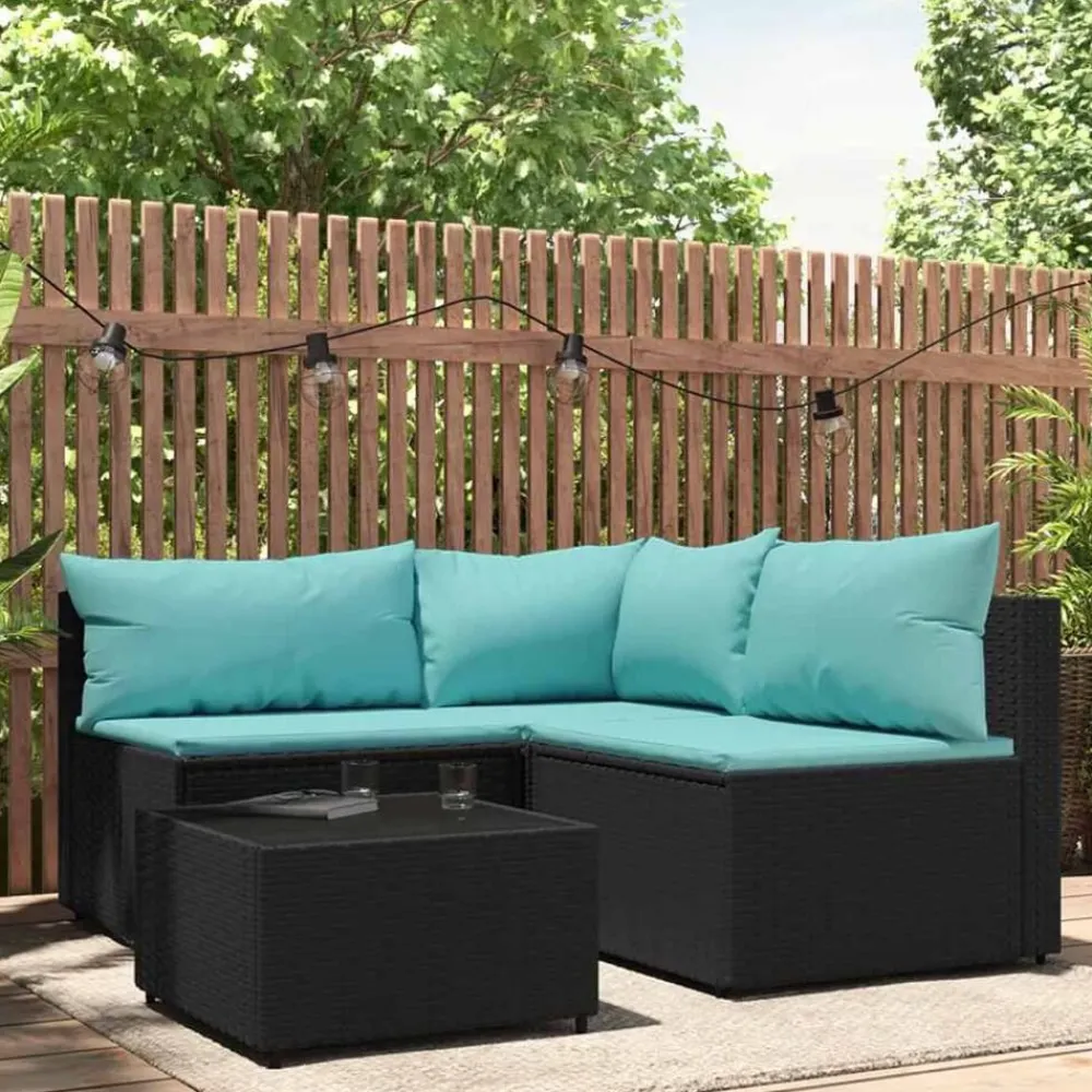 vidaXL Salon de jardin 4 pcs avec coussins Noir Résine tressée