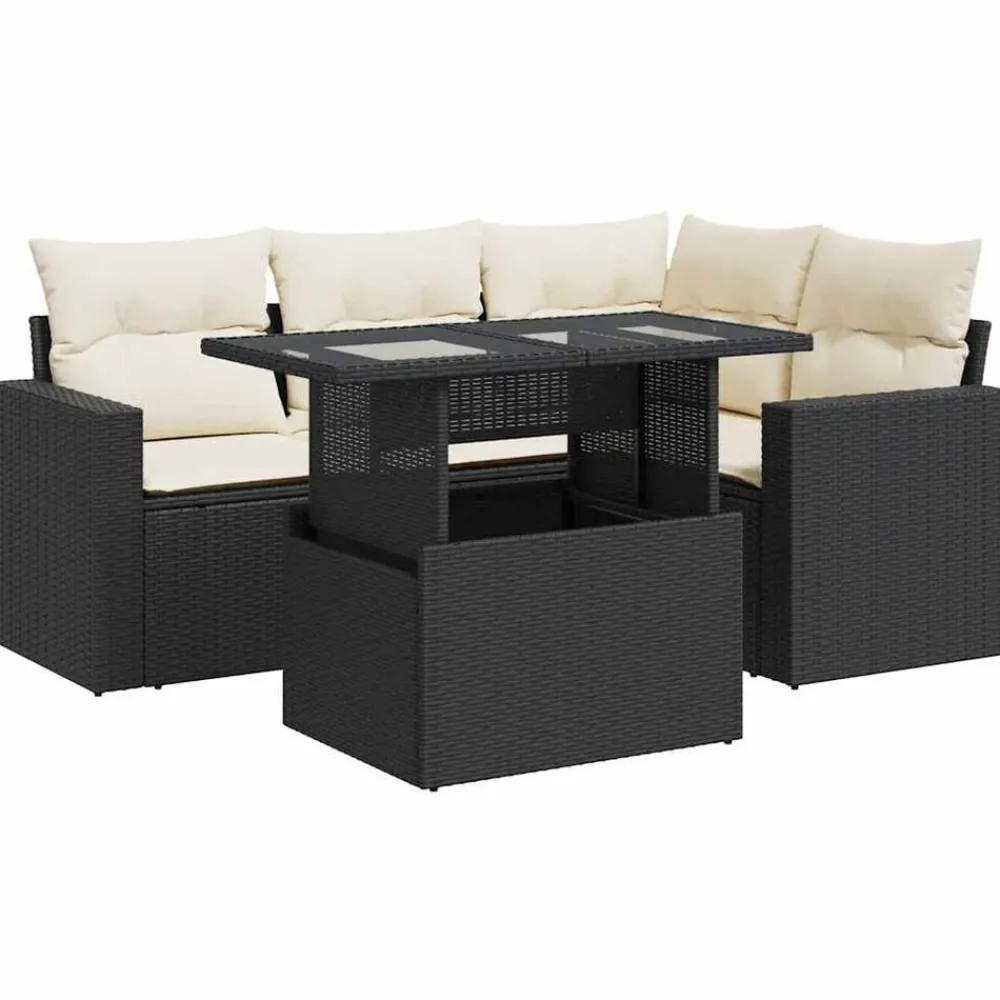 vidaXL Salon de jardin 5 pcs avec coussins noir résine tressée