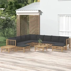 vidaXL Salon de jardin 12 pcs avec coussins gris foncé bambou