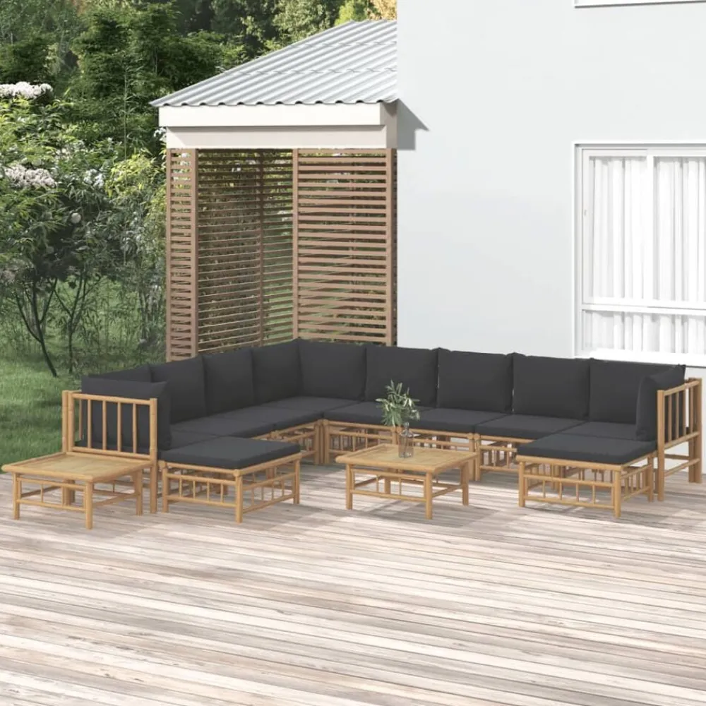 vidaXL Salon de jardin 12 pcs avec coussins gris foncé bambou