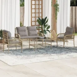 vidaXL Salon de jardin avec coussins 4 pcs beige résine tressée