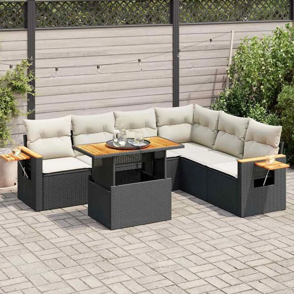 vidaXL Salon de jardin avec coussins 7 pcs noir résine tressée acacia