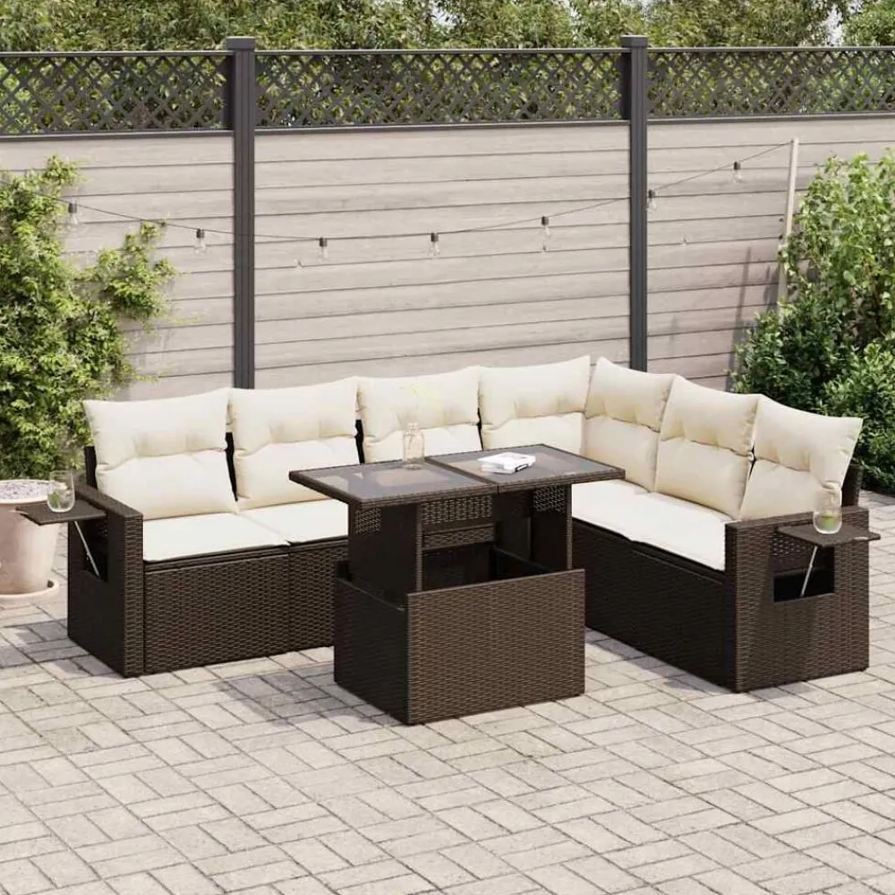 Mobilier De Jardin-vidaXL Salon de jardin avec coussins 7 pcs marron résine tressée Marron et crème