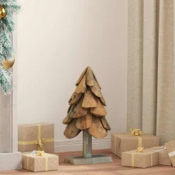 vidaXL Sapin de Noël avec support Marron 61 cm Bois de teck solide