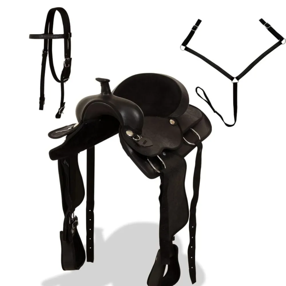 Loisirs De Plein Air-vidaXL Selle, bridon et col de poitrine Cuir véritable 15 po Noir
