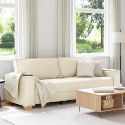 vidaXL Sofa 3 places Beige 220 cm Tissu en lin mélangé