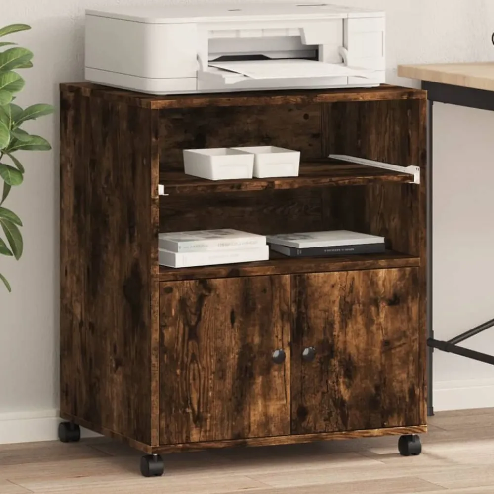 Appareils Électroniques-vidaXL Support d'imprimante avec roulettes chêne fumé 60x48x74 cm Chêne fumé