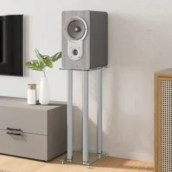 Appareils Électroniques-vidaXL Supports de haut-parleurs 2 pcs é verre trempé 4 piliers Argent