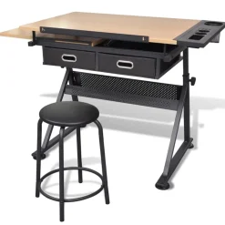 vidaXL Table à dessin inclinable 2 tiroirs et tabouret