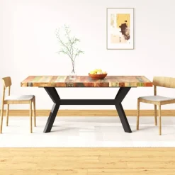 Tables-vidaXL Table à manger Bois récupération massif et croix en acier 180cm Multicolore