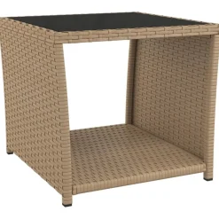 Mobilier De Jardin-vidaXL Table à thé dessus en verre Résine tressée verre trempé Beige