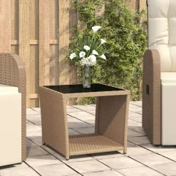 Mobilier De Jardin-vidaXL Table à thé dessus en verre Résine tressée verre trempé Beige