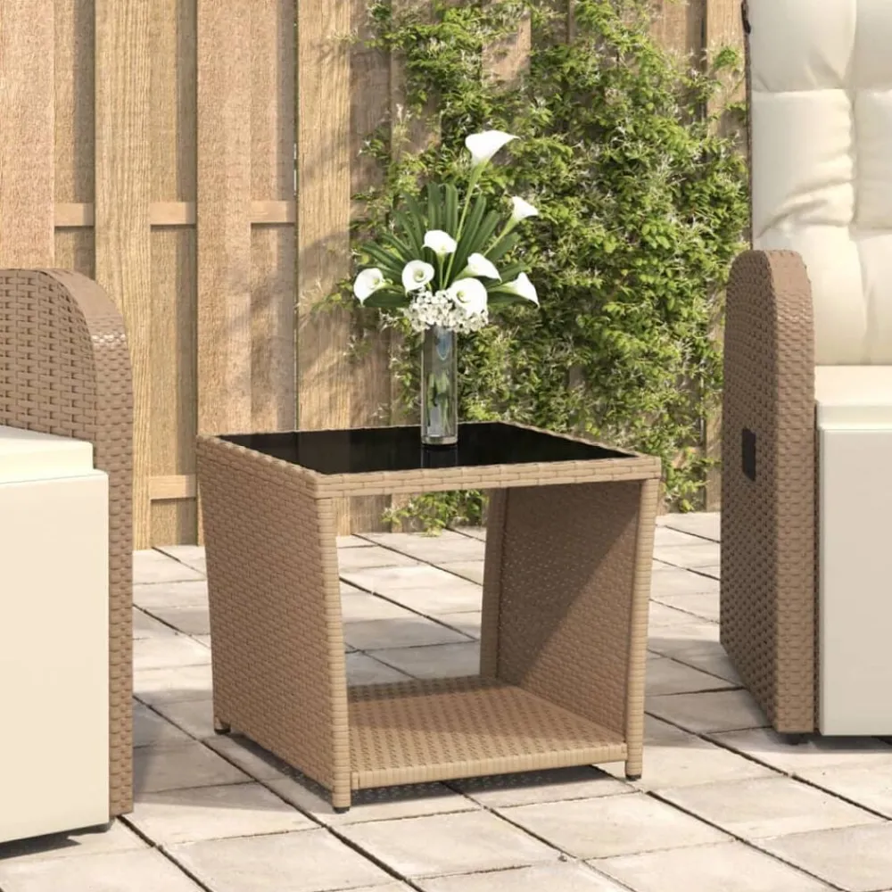 Mobilier De Jardin-vidaXL Table à thé dessus en verre Résine tressée verre trempé Beige