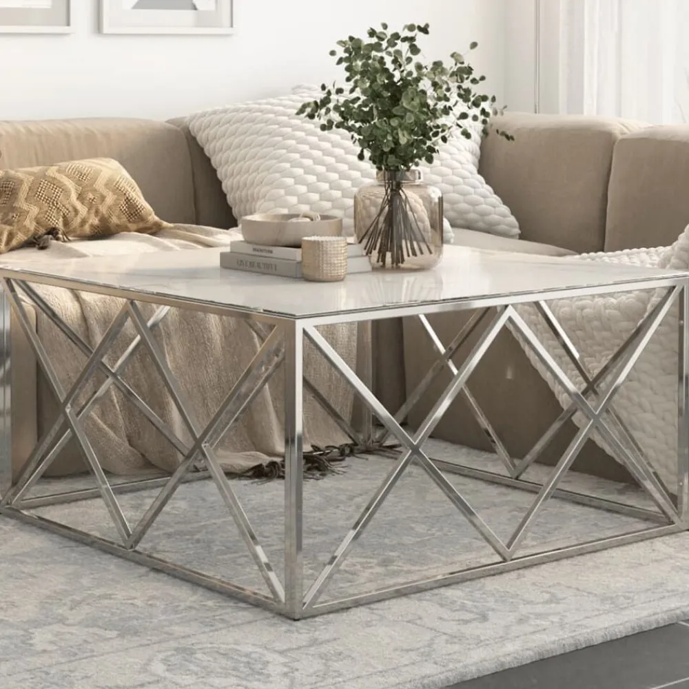 Tables-vidaXL Table basse argenté acier inoxydable et verre trempé argenté et blanc