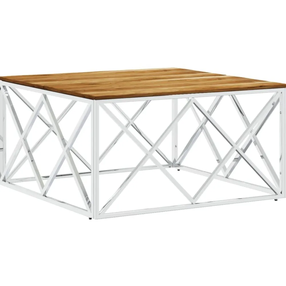 vidaXL Table basse argenté acier inoxydable et bois massif d'acacia