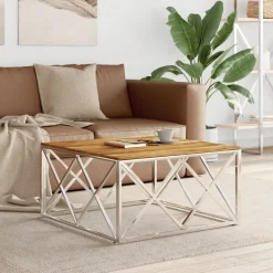 vidaXL Table basse argenté acier inoxydable et bois massif d'acacia