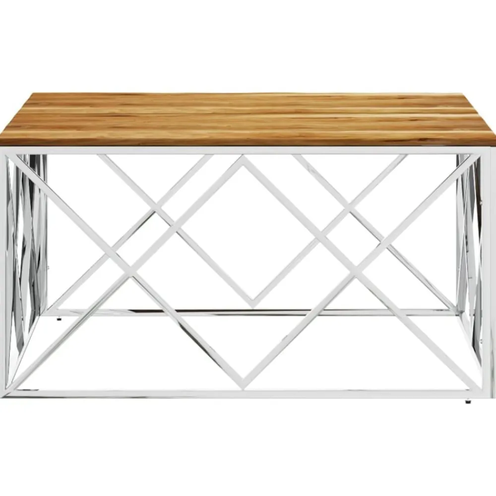 vidaXL Table basse argenté acier inoxydable et bois massif d'acacia