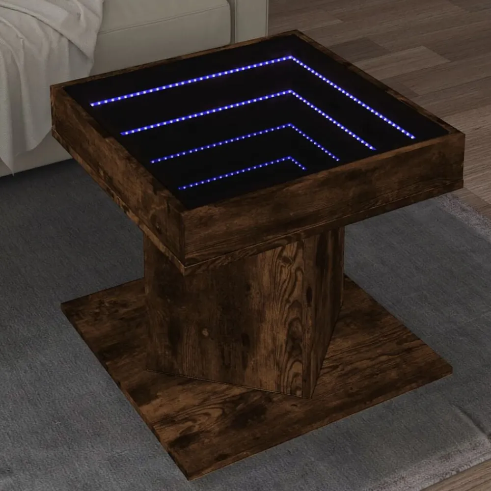 Tables-vidaXL Table basse avec LED chêne fumé 50x50x45 cm bois d'ingénierie Chêne fumé
