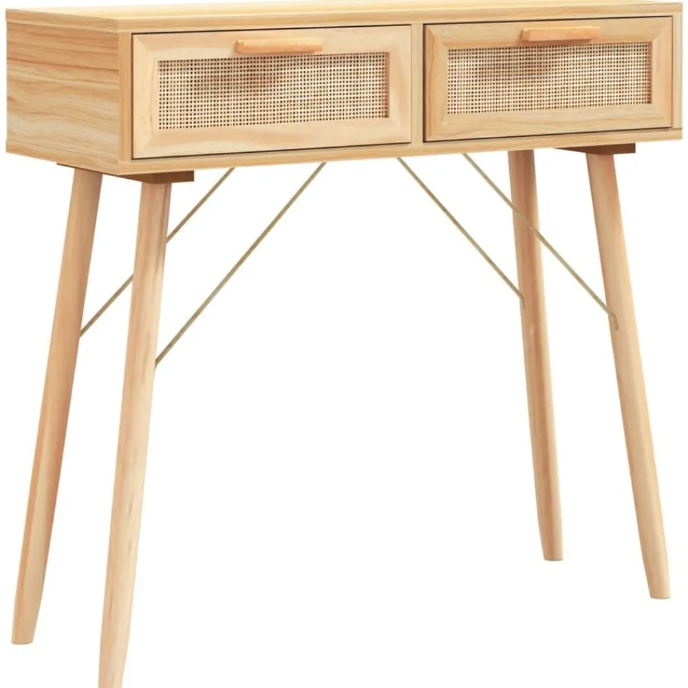 Tables-vidaXL Table console 80x30x75 cm Bois massif pin /rotin naturel Marron