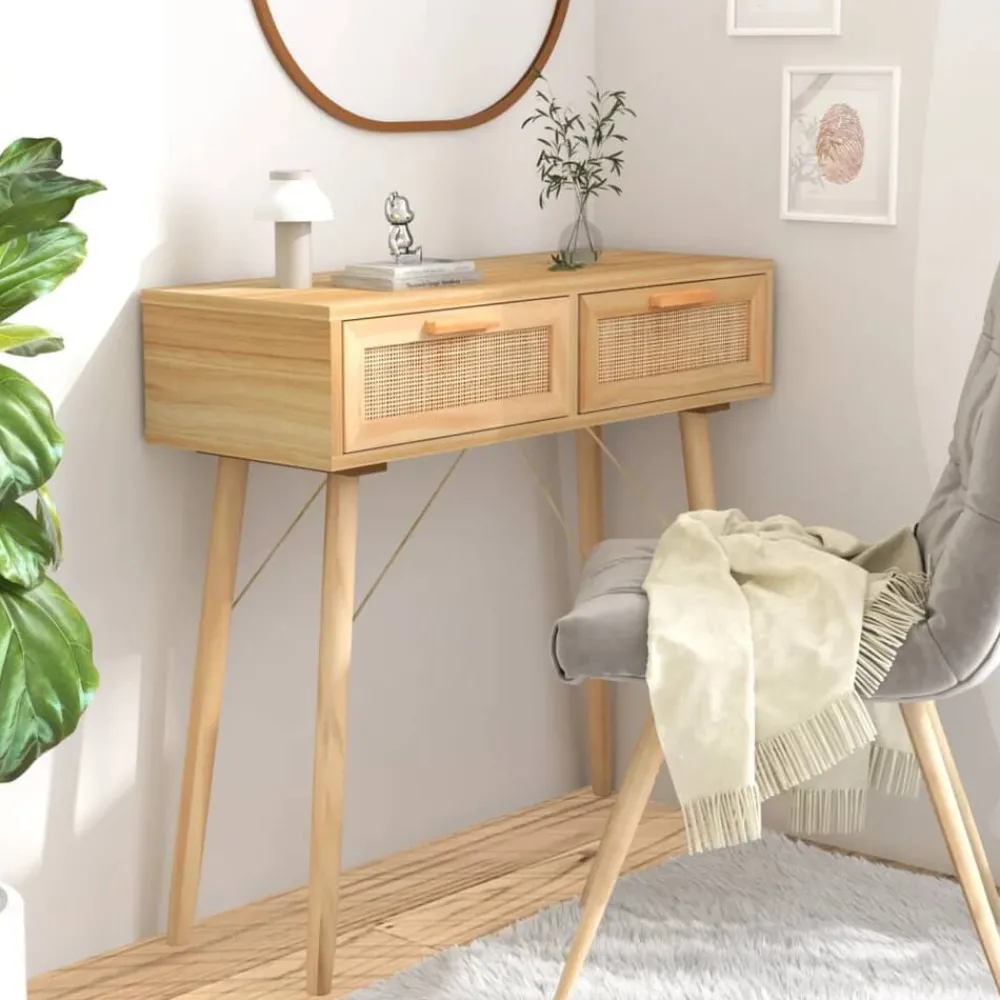Tables-vidaXL Table console 80x30x75 cm Bois massif pin /rotin naturel Marron