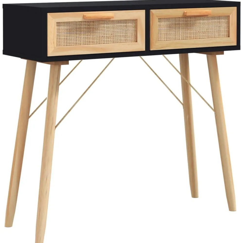 Tables-vidaXL Table console 80x30x75 cm Bois massif pin /rotin naturel Noir