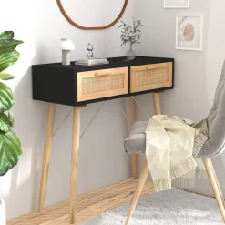 Tables-vidaXL Table console 80x30x75 cm Bois massif pin /rotin naturel Noir