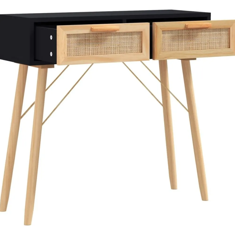 Tables-vidaXL Table console 80x30x75 cm Bois massif pin /rotin naturel Noir