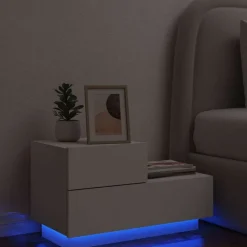 Tables-vidaXL Table de chevet avec lumières LED 70x36x40,5 cm Blanc