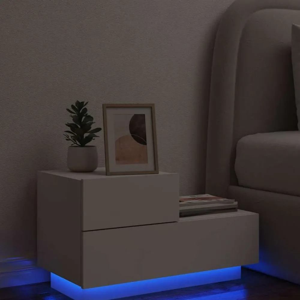 Tables-vidaXL Table de chevet avec lumières LED 70x36x40,5 cm Blanc