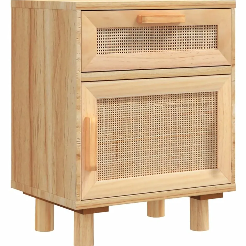 Tables-vidaXL Table de chevet Bois de pin massif et rotin naturel Marron