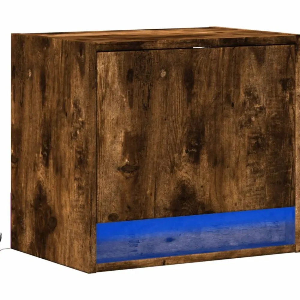 vidaXL Table de chevet murale avec lumières LED chêne fumé