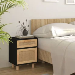 vidaXL Table de chevet Bois de pin massif et rotin naturel