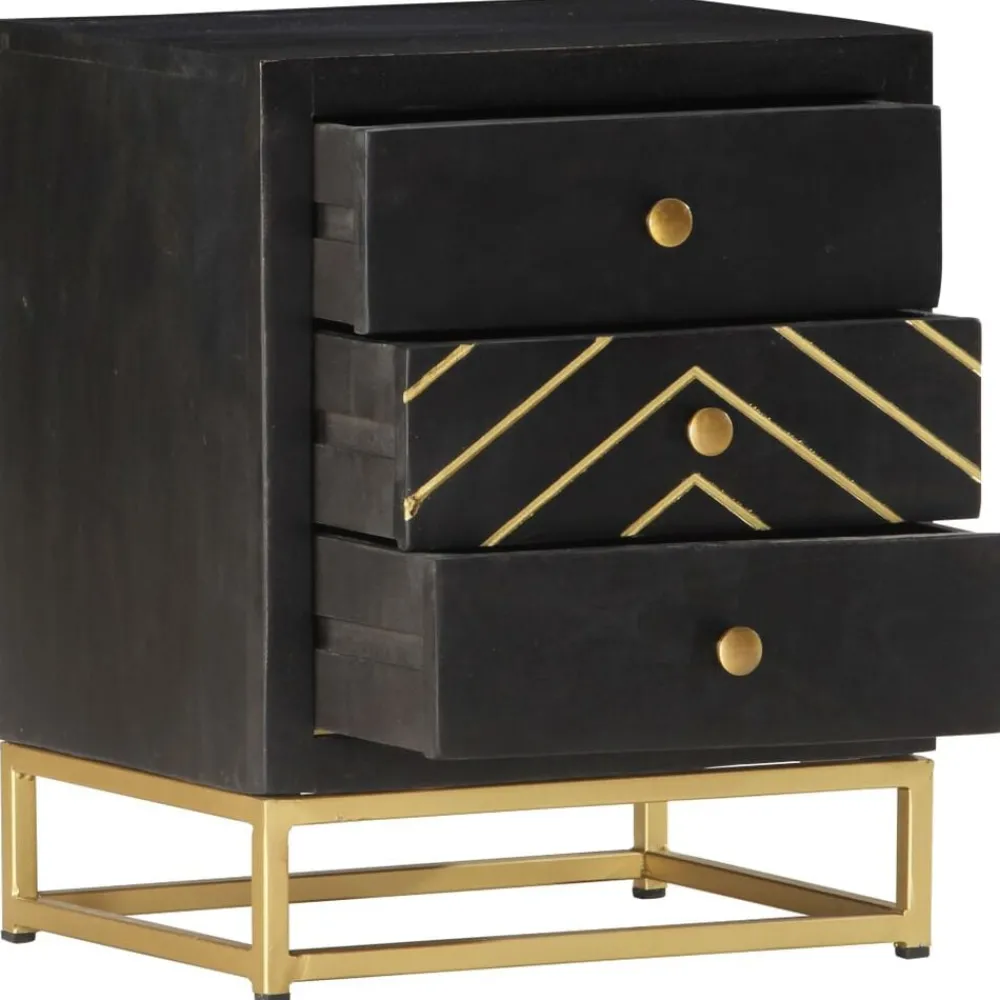 vidaXL Table de chevet Noir et doré 40x30x50cm Bois de manguier massif