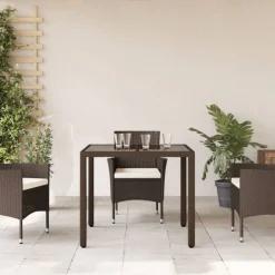 Mobilier De Jardin-vidaXL Table de jardin avec dessus en verre résine tressée Marron