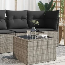 vidaXL Table de jardin dessus en verre 55x55x37 cm résine tressée