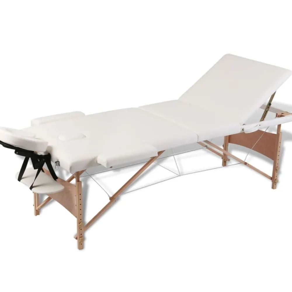 vidaXL Table de massage pliable Blanc crème 3 zones avec cadre en bois