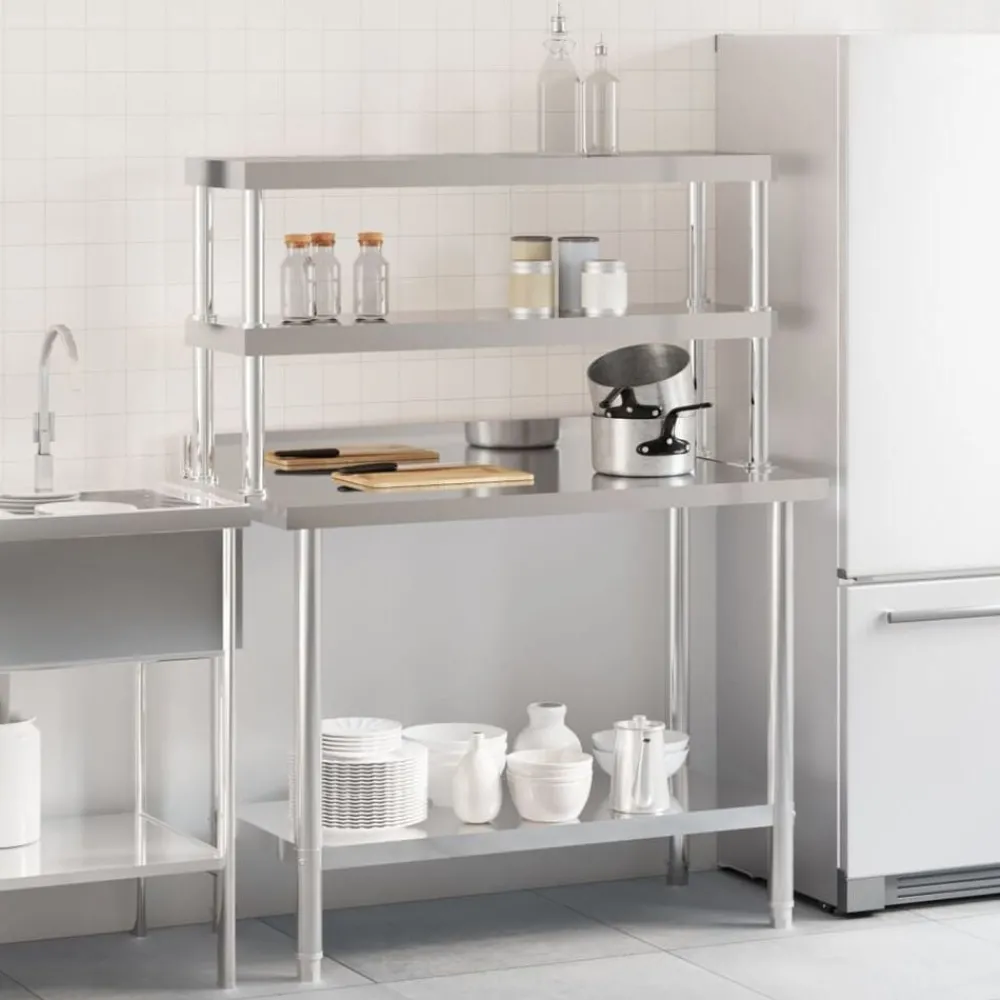vidaXL Table de travail de cuisine avec étagère 110x55x150 cm inox