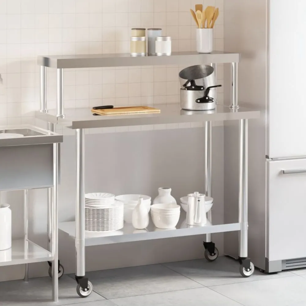 Restauration-vidaXL Table de travail de cuisine avec étagère 110x55x120 cm inox