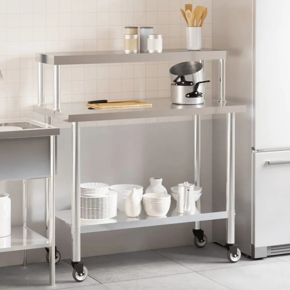 Restauration-vidaXL Table de travail de cuisine avec étagère 110x55x120 cm inox
