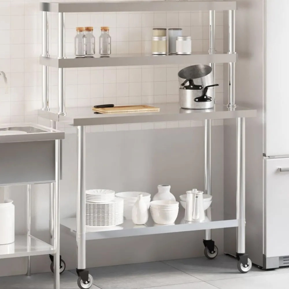 vidaXL Table de travail de cuisine avec étagère 110x55x150 cm inox