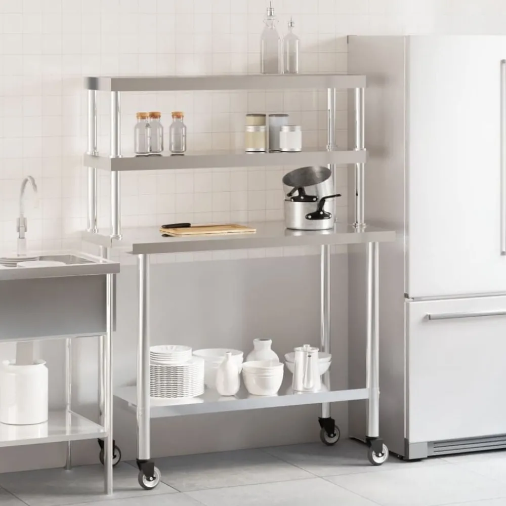 vidaXL Table de travail de cuisine avec étagère 110x55x150 cm inox