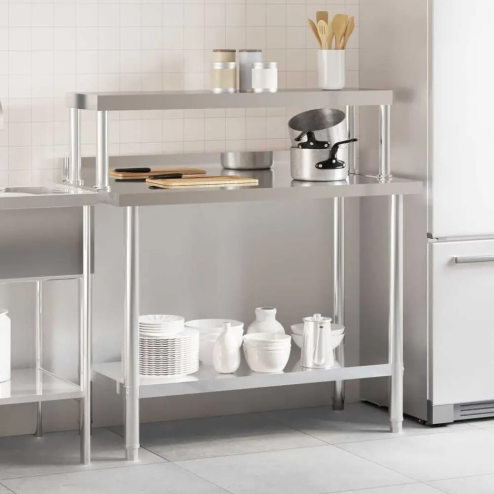 Restauration-vidaXL Table de travail de cuisine avec étagère 110x55x120 cm inox
